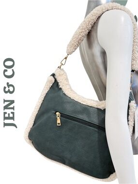 Jen & Co Sherpa Trim Shoulder Bag Vegan Leather NWT